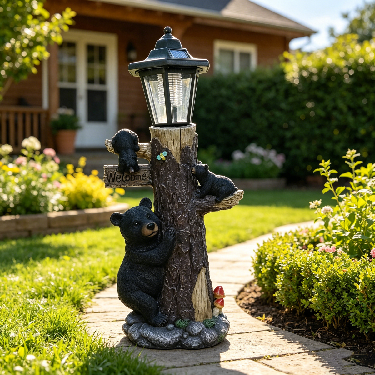 Black bear statue welcome sign garden statue with solar light, 19-inch resin bear family on tree, outdoor bear decoration for courtyard, garden, lawn, yard, perfect gift for Thanksgiving, Christmas, M - image 13