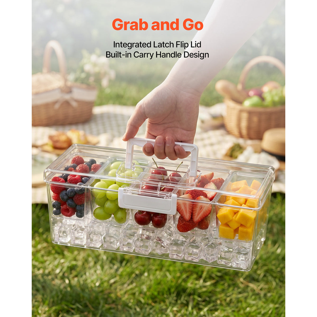 Chilled Condiment Server Caddy, 5 Compartment Ice Cooled Serving Container, Plastic Fruit Garnish Tray Platter with Lid, for Taco Salad Bar Accessories, Party Home Restaurant Supplies - image 7