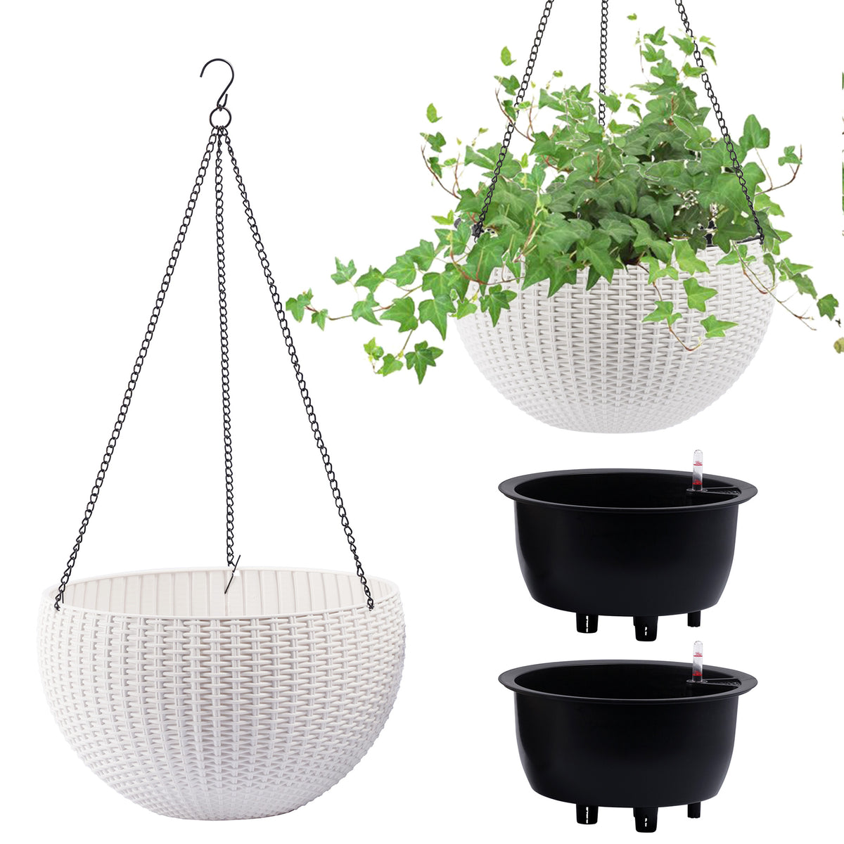 13.4 inch Self-Watering Hanging Rattan-Inspired Planter Large Capacity, Root-Rot Resistant Water Storage with Water Level Indicator, Dual-Use for Indoor & Balcony Decoration (Pack of 2, White) - image 3