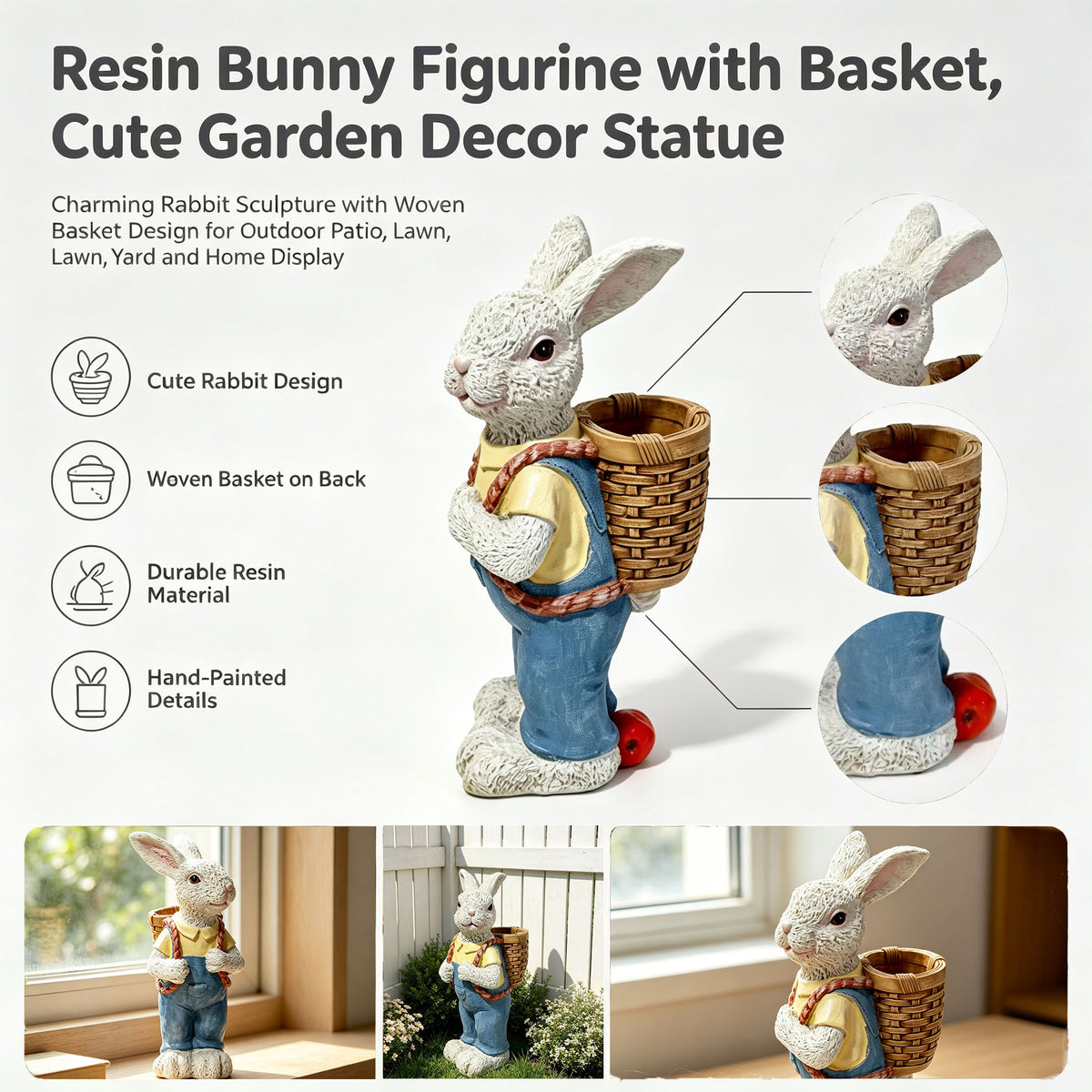 Simulated Couple Rabbit Statue Flower Pot Ornament, 17'' Resin Crafts Garden Sculpture Decor, Household Guardian Ornament, Ideal Gift for Independence Day for Yard Home Outdoor Decor - image 3