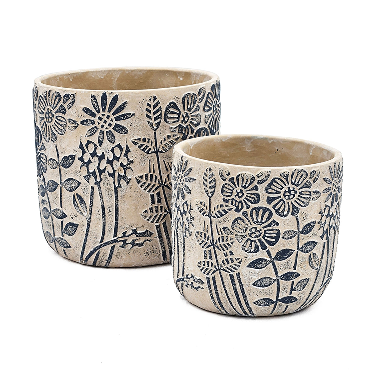 S/2 Gray Sand and Cement Planters with Blue Floral Motif, L:D7x6.7" S:D5.5x5" - image 2