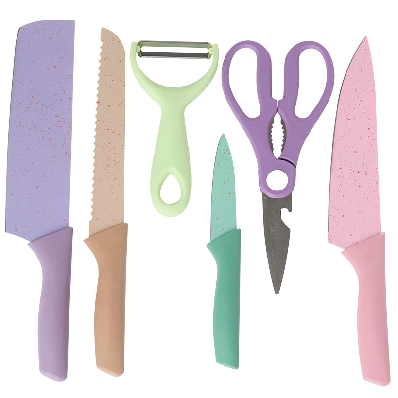Colorful Kitchen Knife, Peeler, Scissors in Stainless Steel - Set of 6