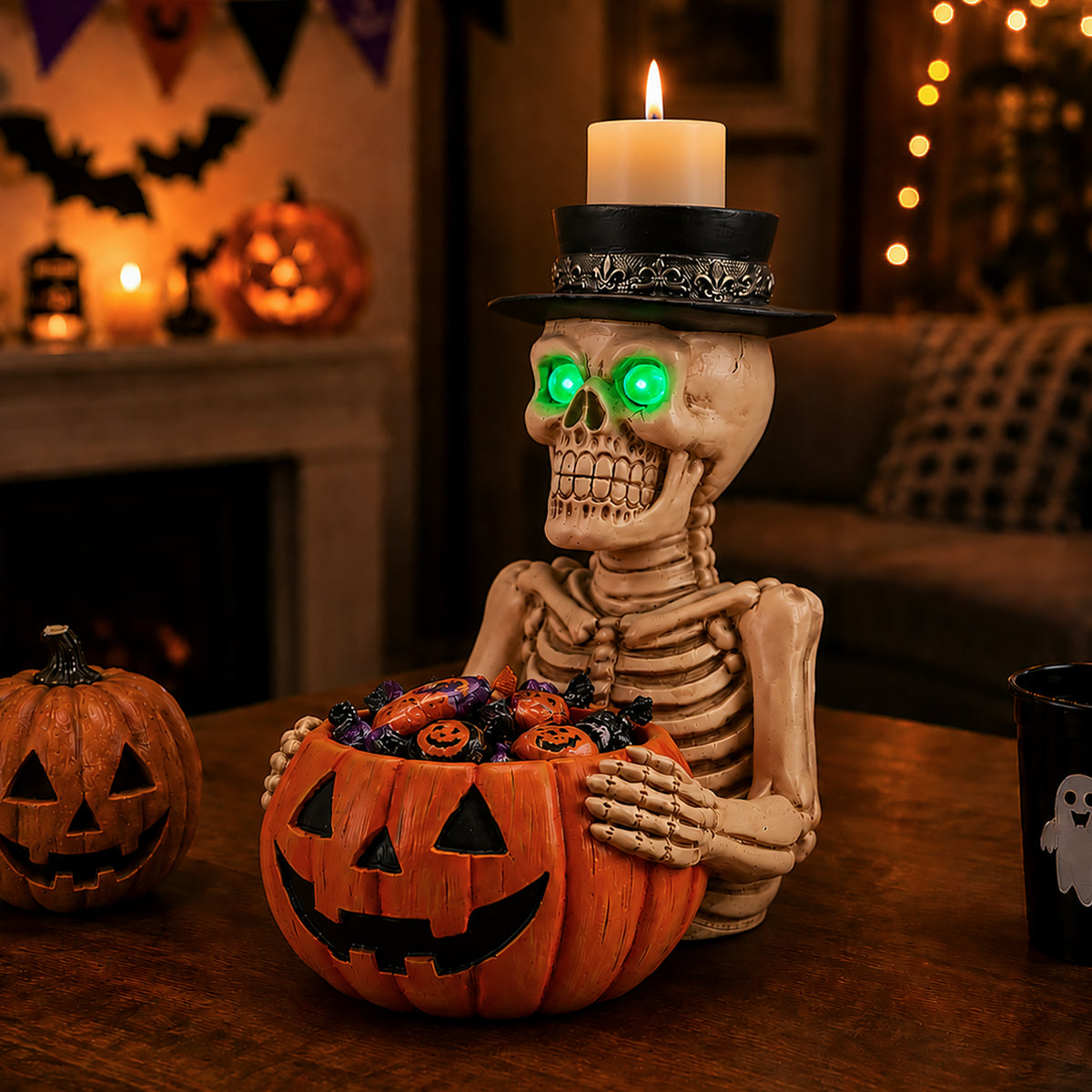 Halloween Skeleton Figurine with Pumpkin Candy Bowl & Candle Holder, Spooky Table Decor for Halloween - image 12