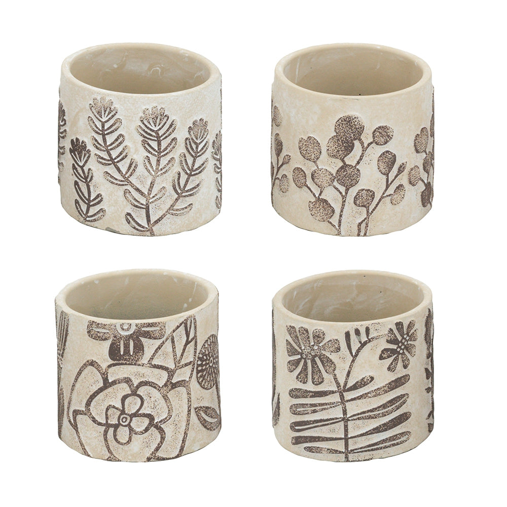 Set of 4 4.3x4.3x4" Gray Sand and Cement Planters with Brown Botanical Motifs - image 2