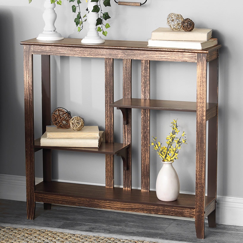Brushed Metallic Console Table with Display Shelves 31.4"W x 29.8"H