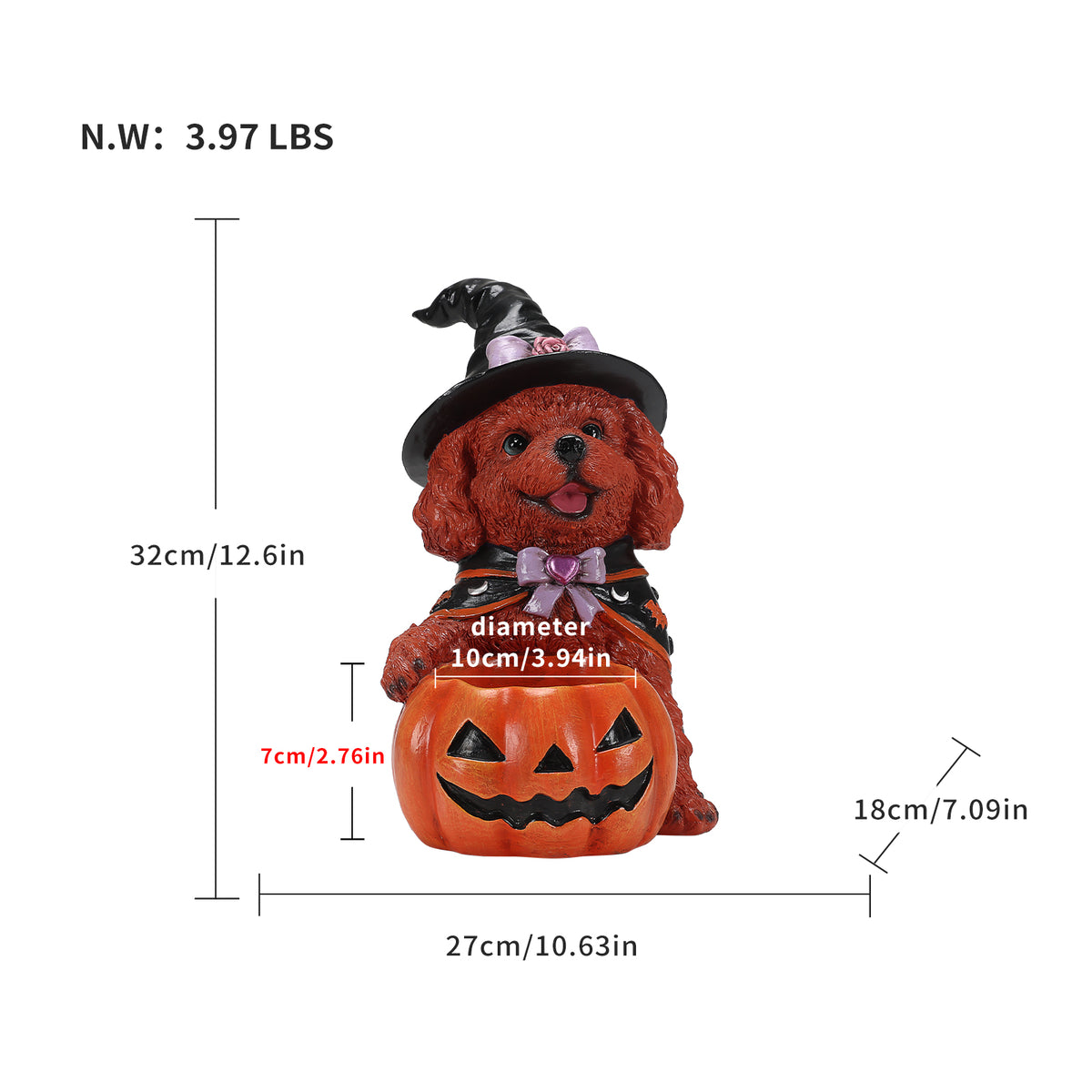Halloween Brown Teddy Dog Witch Figurine, Cute Puppy Holding Pumpkin Candy Bowl Decoration - image 3