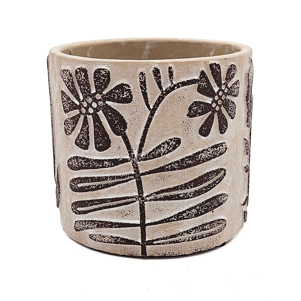 Set of 4 4.3x4.3x4" Gray Sand and Cement Planters with Brown Botanical Motifs - image 8
