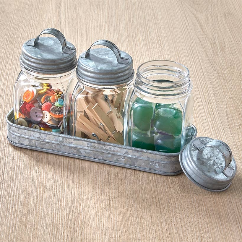 Set of 3 Glass Canisters in Galvanized Tray