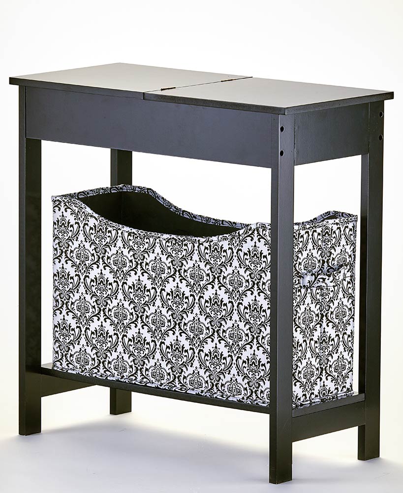 Narrow Wood Side Table with Flip-Top and Fabric Storage Bin
