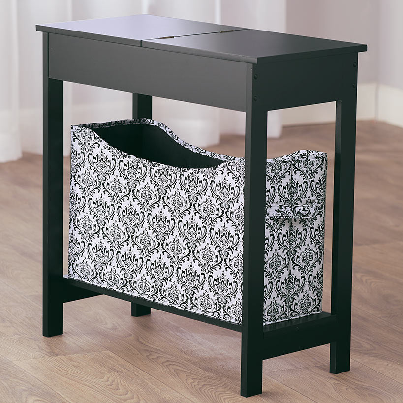Narrow Wood Side Table with Flip-Top and Fabric Storage Bin