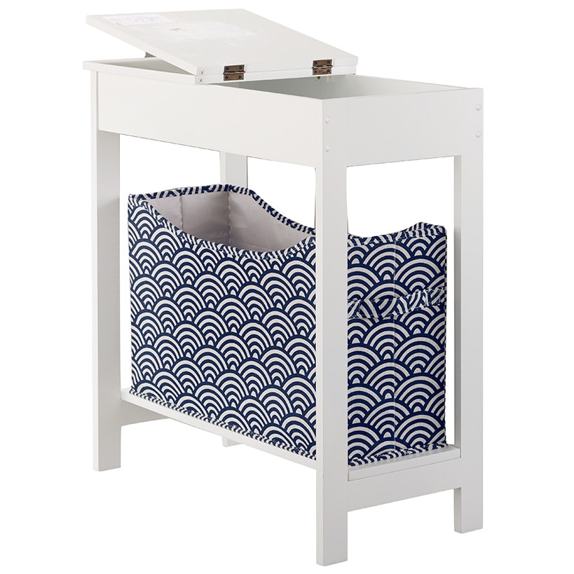 Narrow Wood Side Table with Flip-Top and Fabric Storage Bin