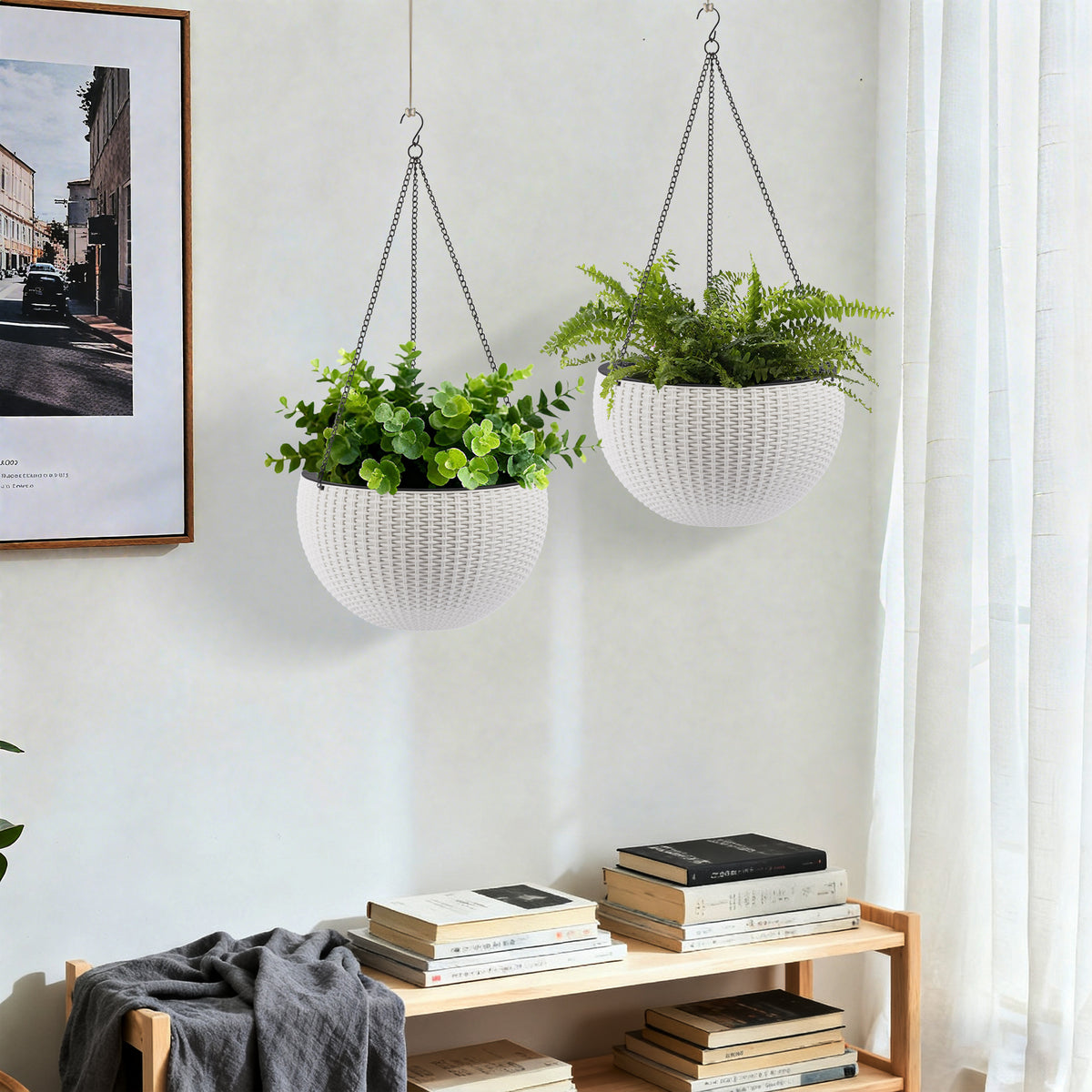 13.4 inch Self-Watering Hanging Rattan-Inspired Planter Large Capacity, Root-Rot Resistant Water Storage with Water Level Indicator, Dual-Use for Indoor & Balcony Decoration (Pack of 2, White) - image 11