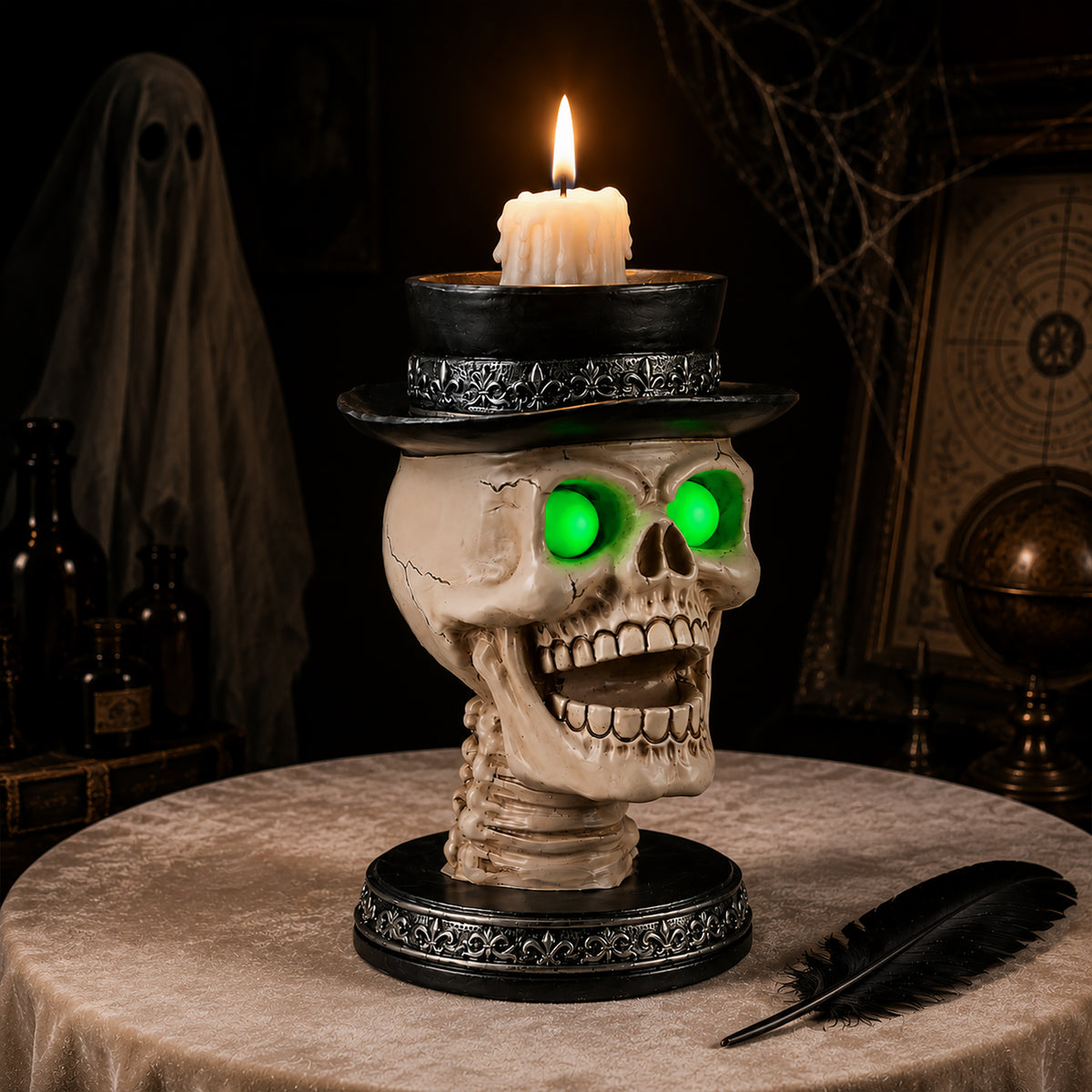 Halloween Skull Candle Holder with Glowing Green Eyes, Gothic Open Mouth Skeleton Head Statue with Black Top Hat, Spooky Tabletop Decor for Home Party - image 10