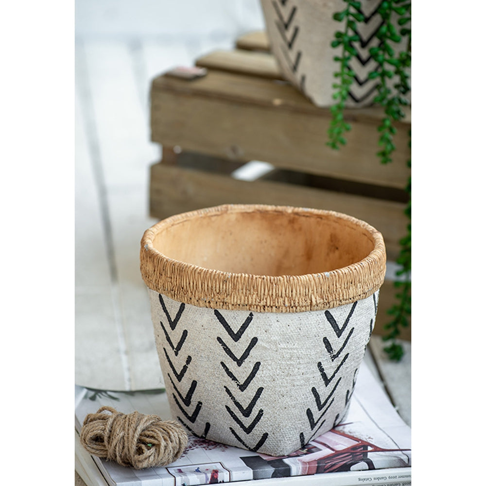 Set of 2 White and Brown Cement Planters with V Pattern, L:D10x8" S:D8x6.5" - image 7