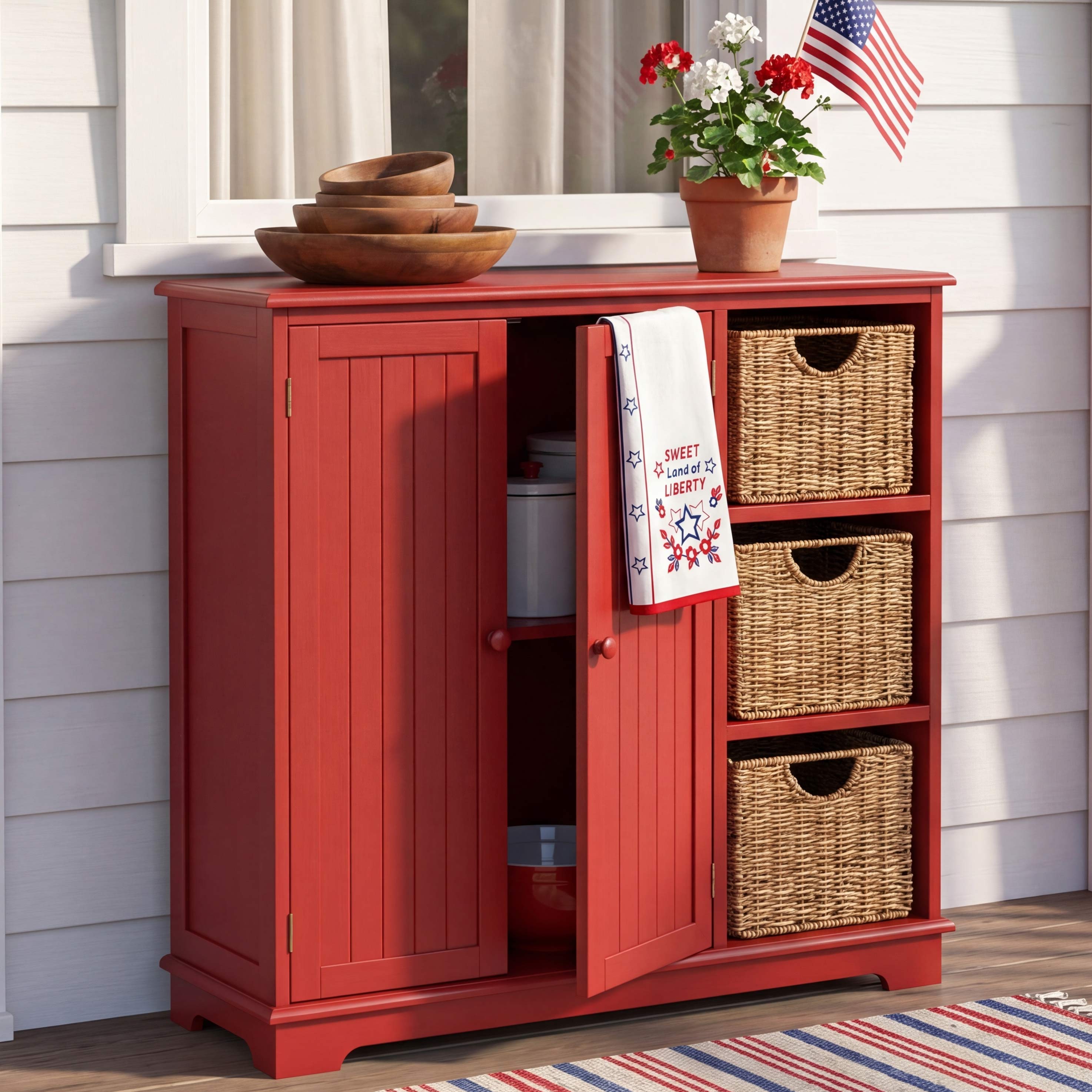Beadboard Wooden Cabinet with 3 Storage Shelves and Cupboard