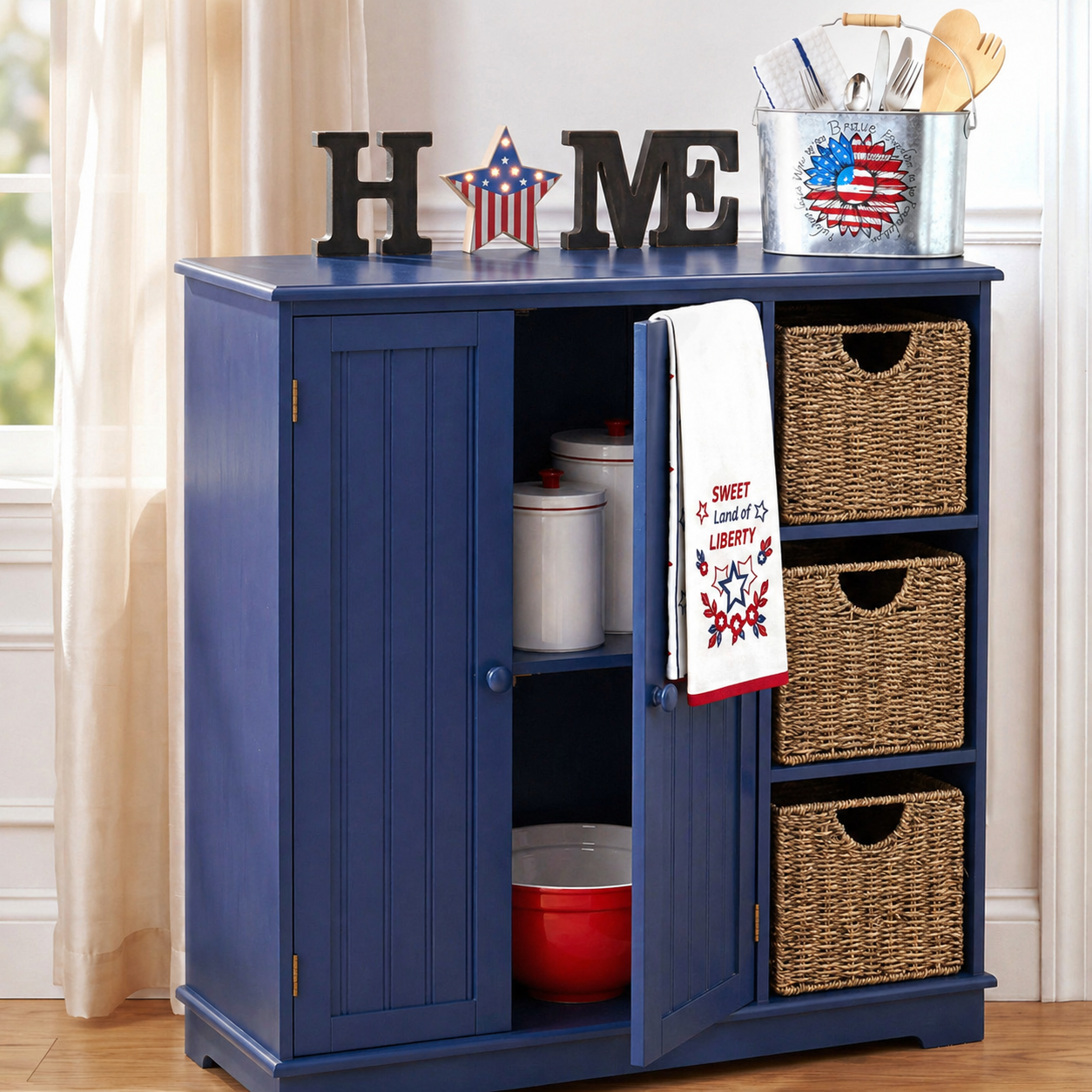 Beadboard Wooden Cabinet with 3 Storage Shelves and Cupboard