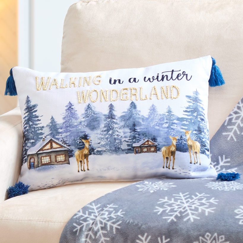 Blue Christmas Embroidered Winter Wonderland Accent Pillow