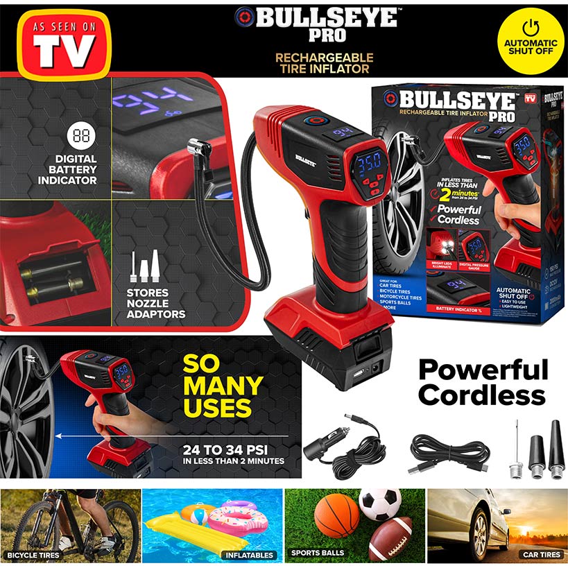 Bullseye™ Pro Rechargeable Tire Inflator - Fast, Portable, and Efficient