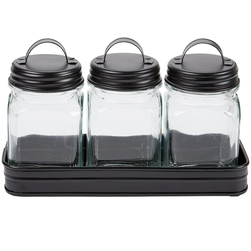 Set of 3 Glass Canisters in Galvanized Tray