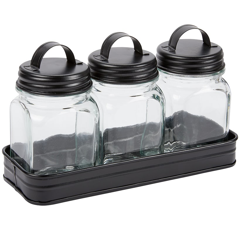 Set of 3 Glass Canisters in Galvanized Tray