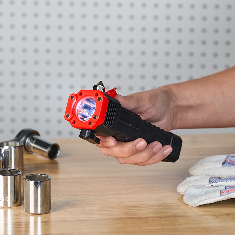car rechargable flashlight Lakeside Rechargeable COB Flashlight With Safety Hammer and Blade