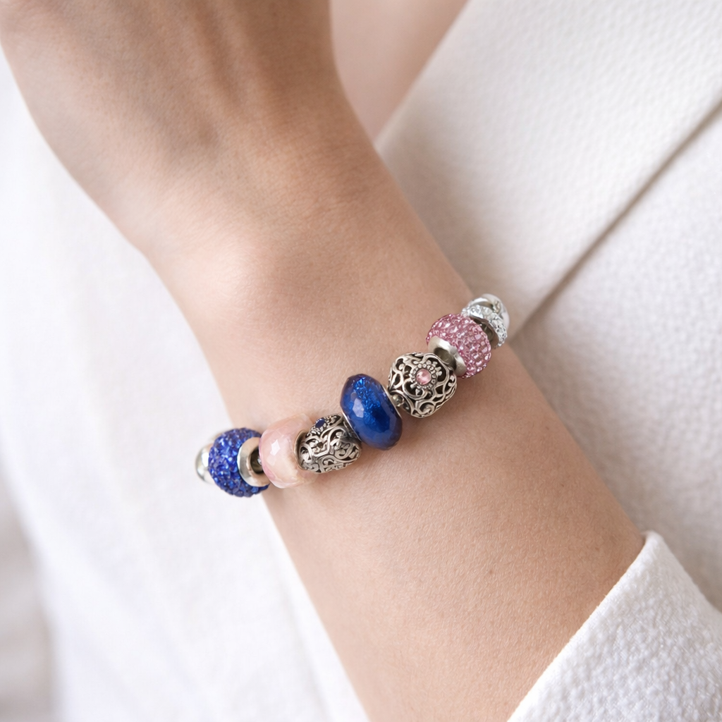 Snake Chain Bracelet with 6 Bead Charms