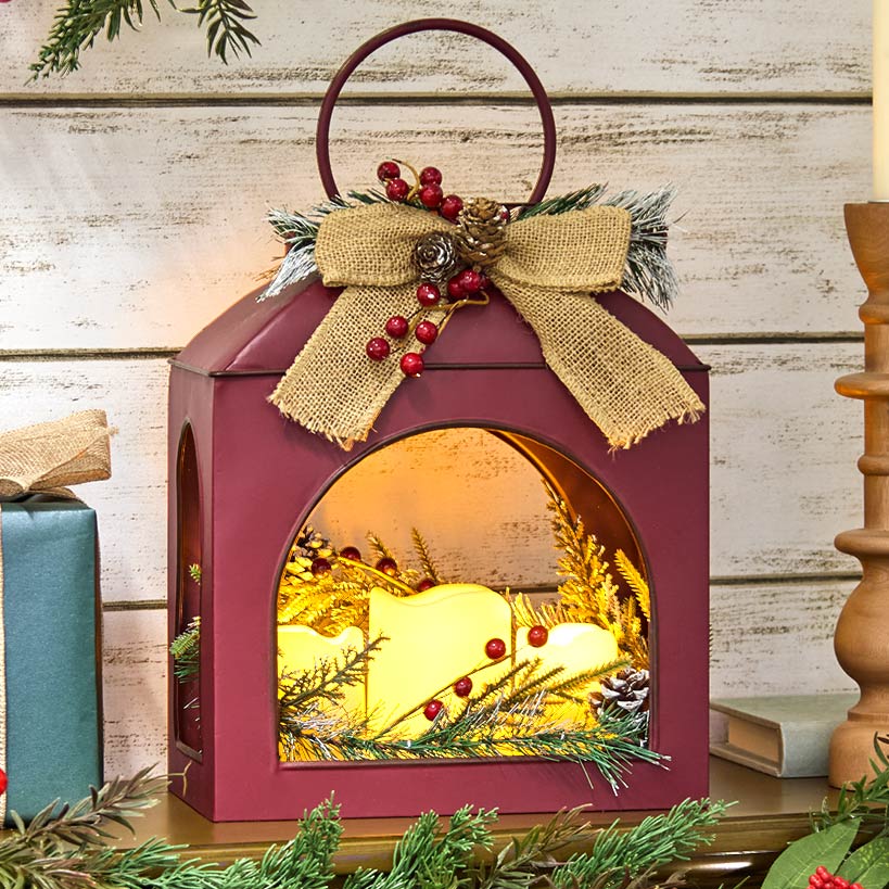 Christmas Country Red Lantern With LED Candle Trio#select-color_red