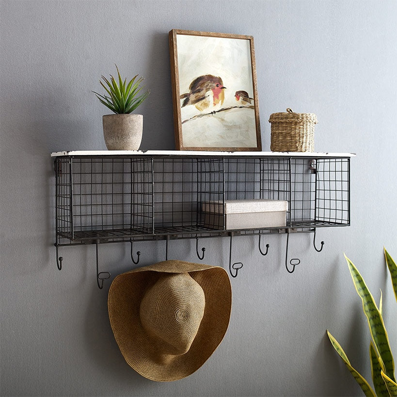 Four Cubby Wall Shelf with Hooks