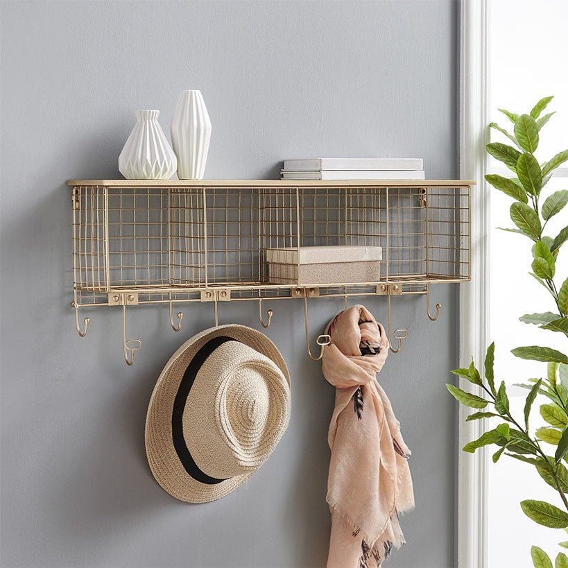 Four Cubby Wall Shelf with Hooks
