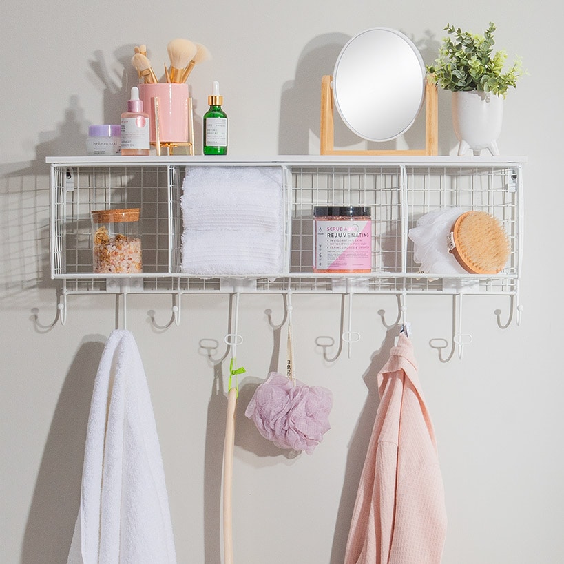 Four Cubby Wall Shelf with Hooks