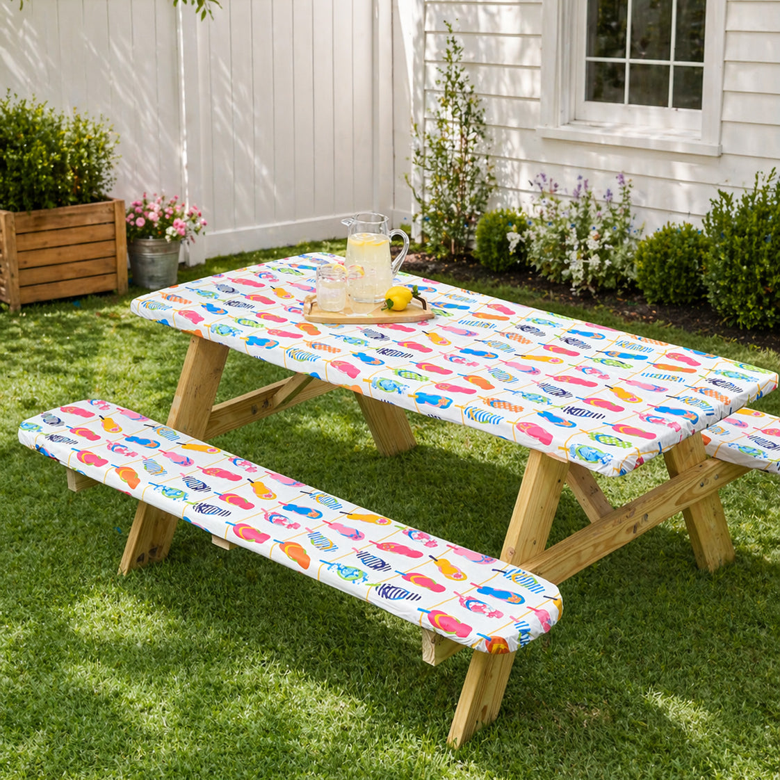 Flip Flops 3-Pc. Vinyl Easy Fit Picnic Tablecloth | The Lakeside