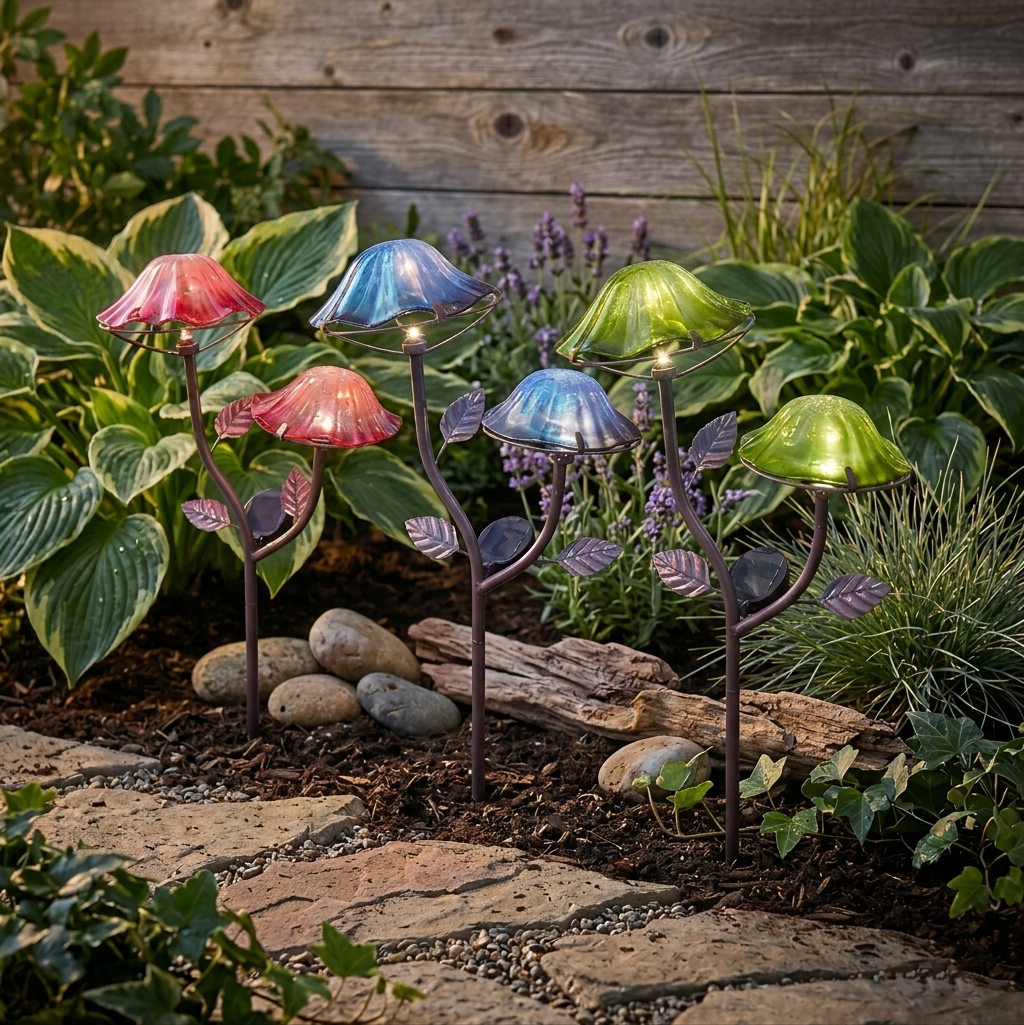 Solar-Powered Double Mushroom Stake – Pink, Green, and Blue | The