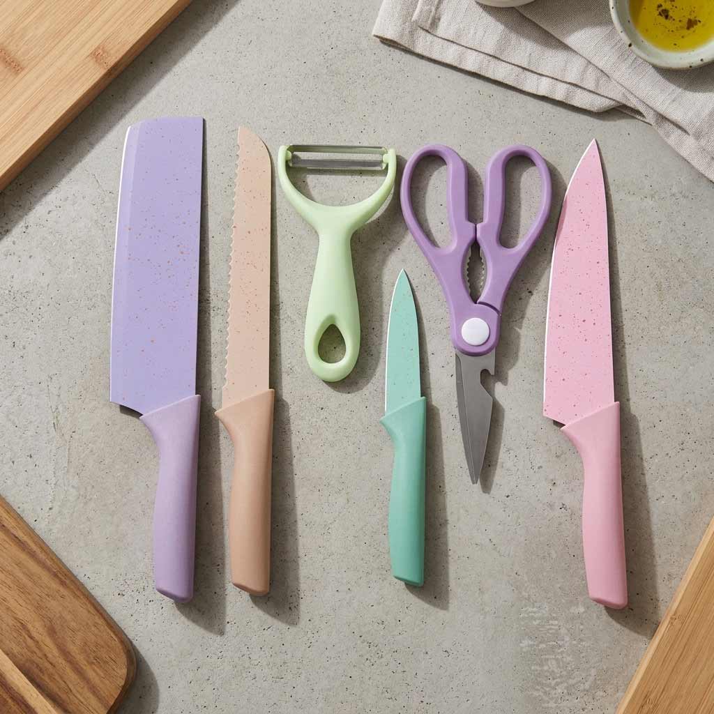 Colorful Kitchen Knife, Peeler, Scissors in Stainless Steel - Set of 6
