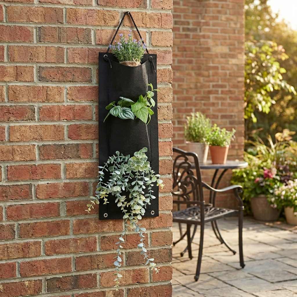 hanging wall planter pockets Eco-Fabric 3 Pocket Vertical Hanging Garden Grow Bag