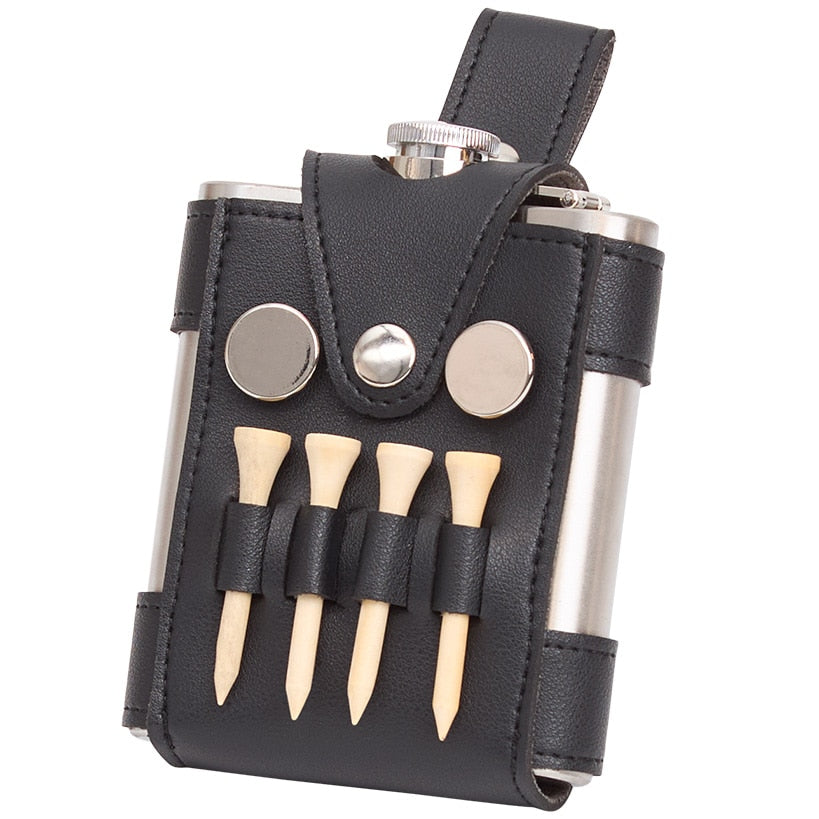 Golfer's Flask - Leather Case, Tees and Divot Tool Included