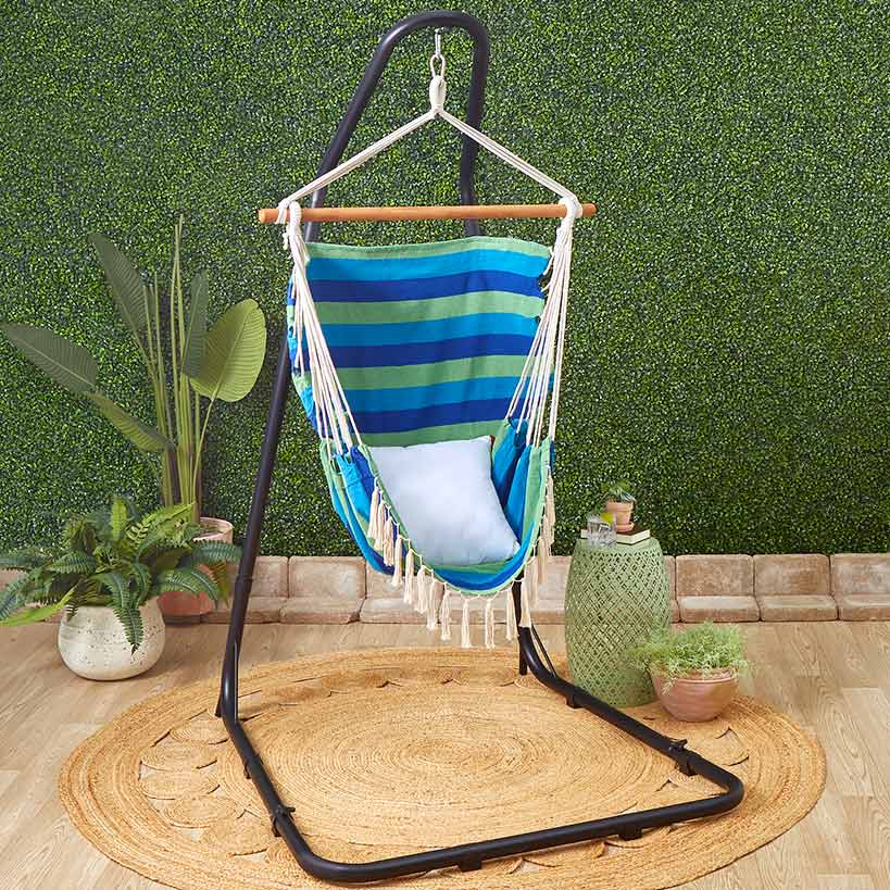 Outdoor Hammock Hanging Striped Chair or Black Metal Stand