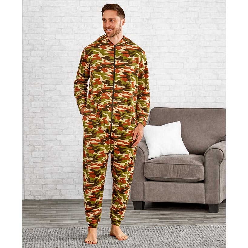 Men's Hooded Camouflage Fleece One-Piece Pajamas