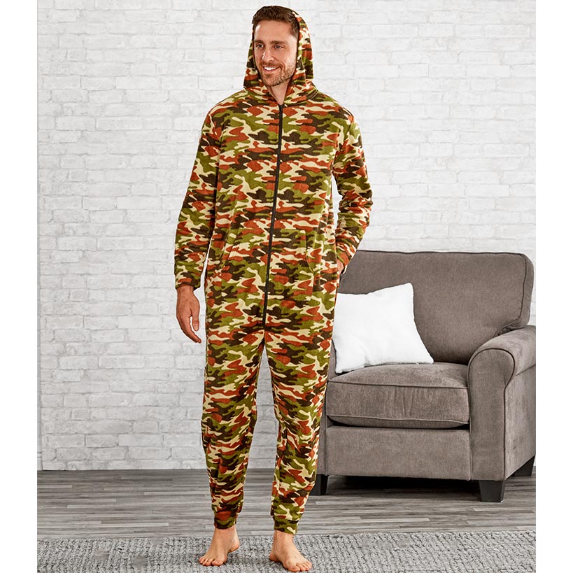 Men's Hooded Camouflage Fleece One-Piece Pajamas
