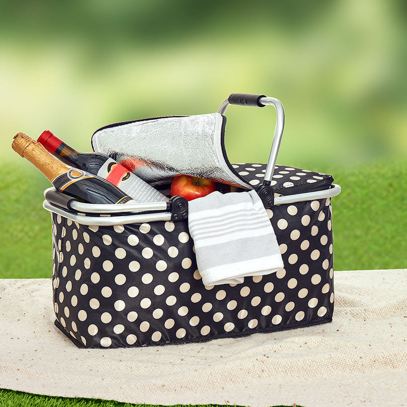 Insulated Cooler Picnic Basket Handles Zip Closure Floral Or Polka Dot