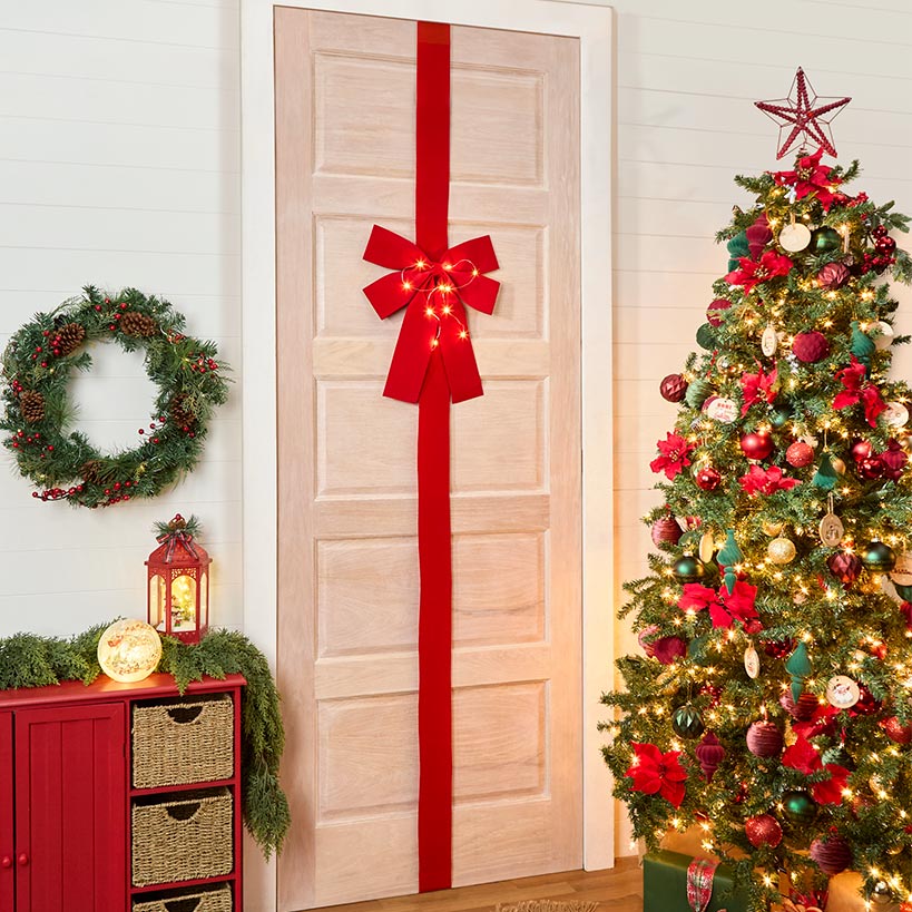 Lighted Christmas Door Bow with Remote