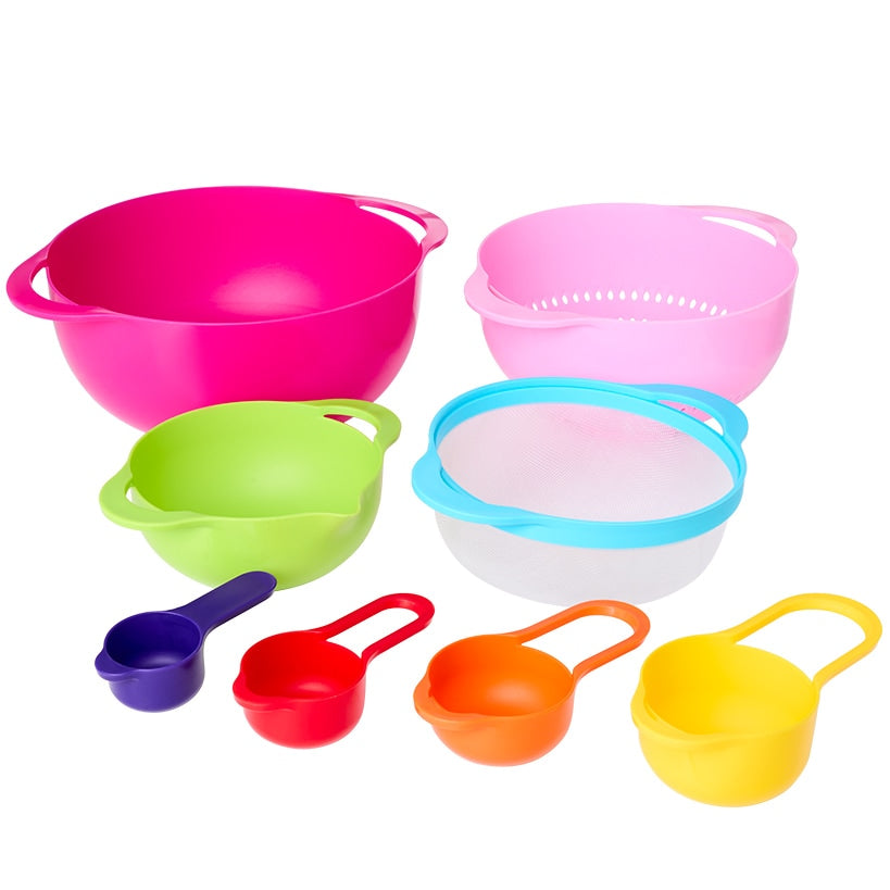 Nested Mixing Bowl and Measuring Cup Set Multicolored Plastic