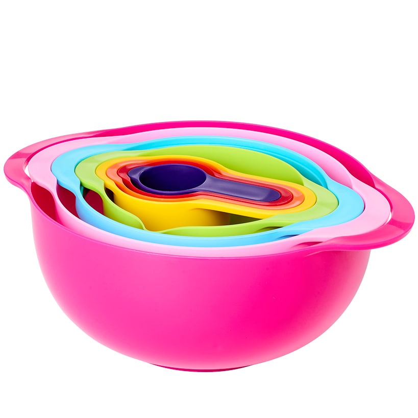 Nested Mixing Bowl and Measuring Cup Set Multicolored Plastic