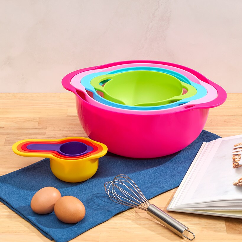 Nested Mixing Bowl and Measuring Cup Set Multicolored Plastic