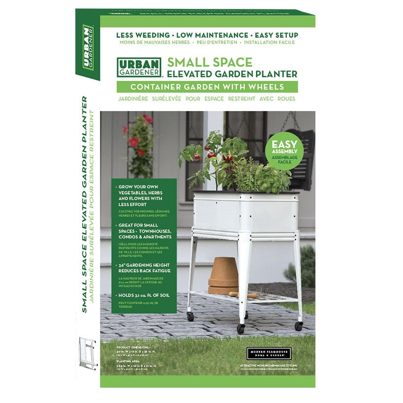 Modern Farmhouse Elevated Garden Planter with Wheels and Storage Shelf