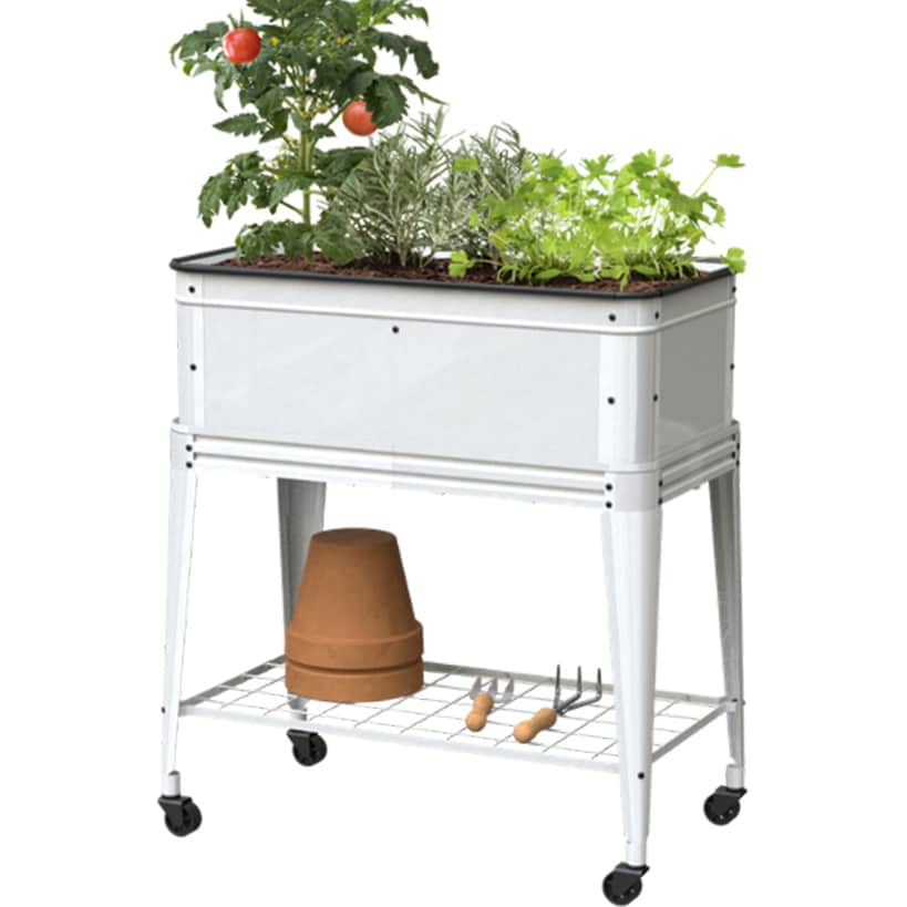 Modern Farmhouse Elevated Garden Planter with Wheels and Storage Shelf