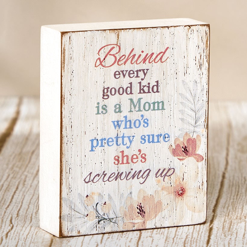 Mother's Day Floral Block Sign With Kid Sentiment Message