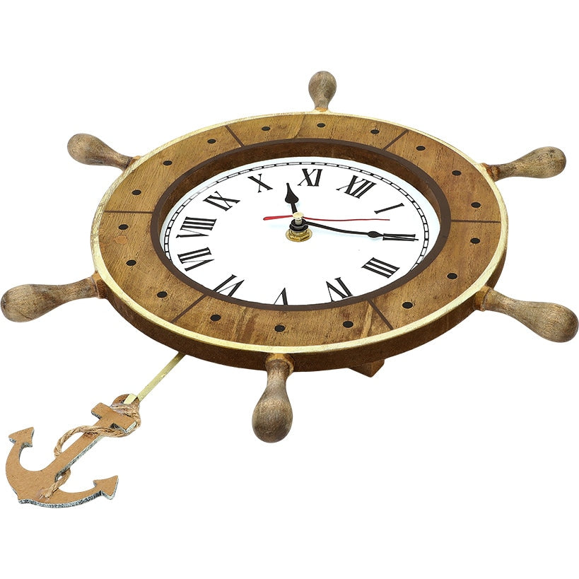 Pendulum Clock Nautical Themed Boat Or Helm Wheel With Anchor
