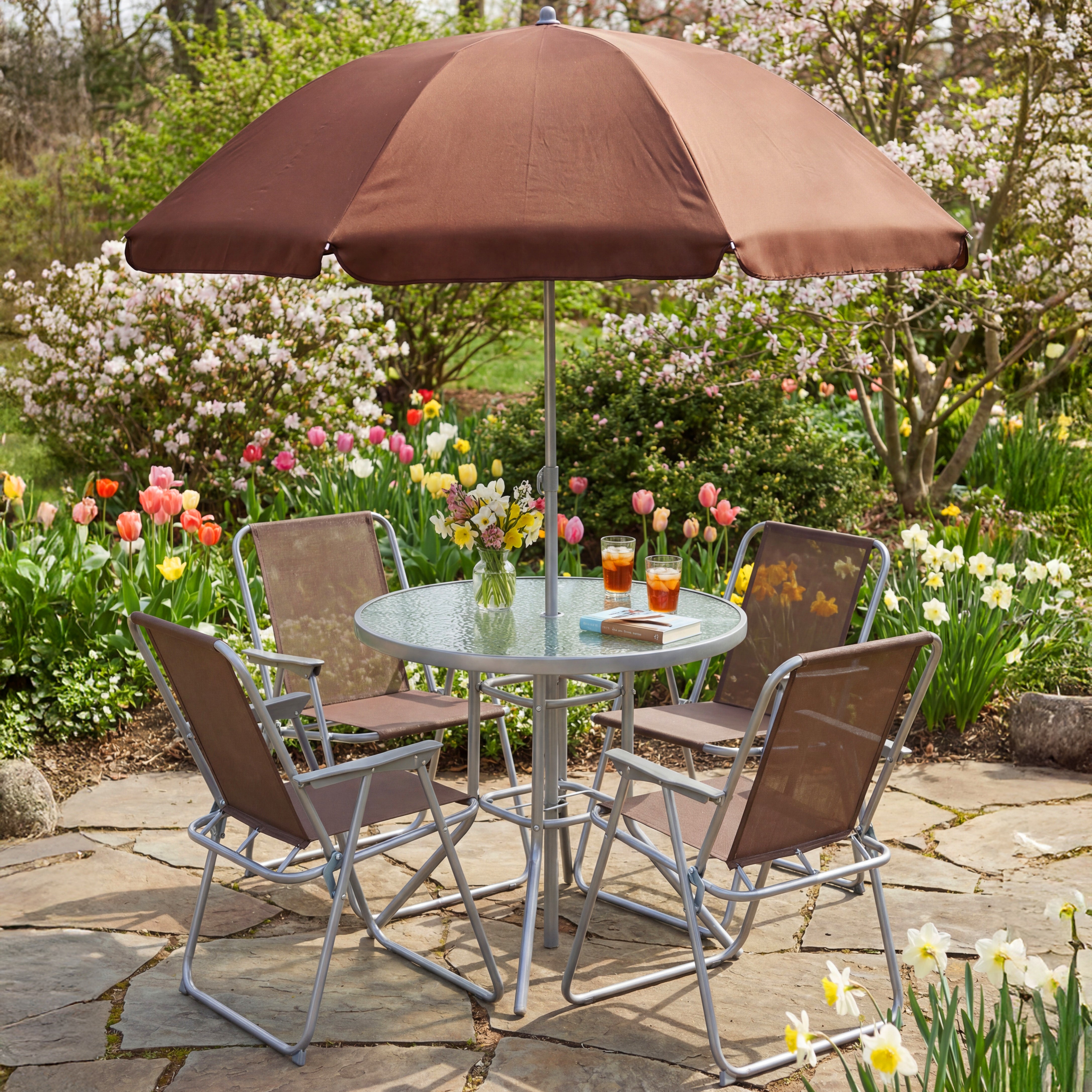glass top patio set umbrella Lakeside 6-Piece Outdoor Garden Glass Table Furniture Set with Chairs and Umbrella