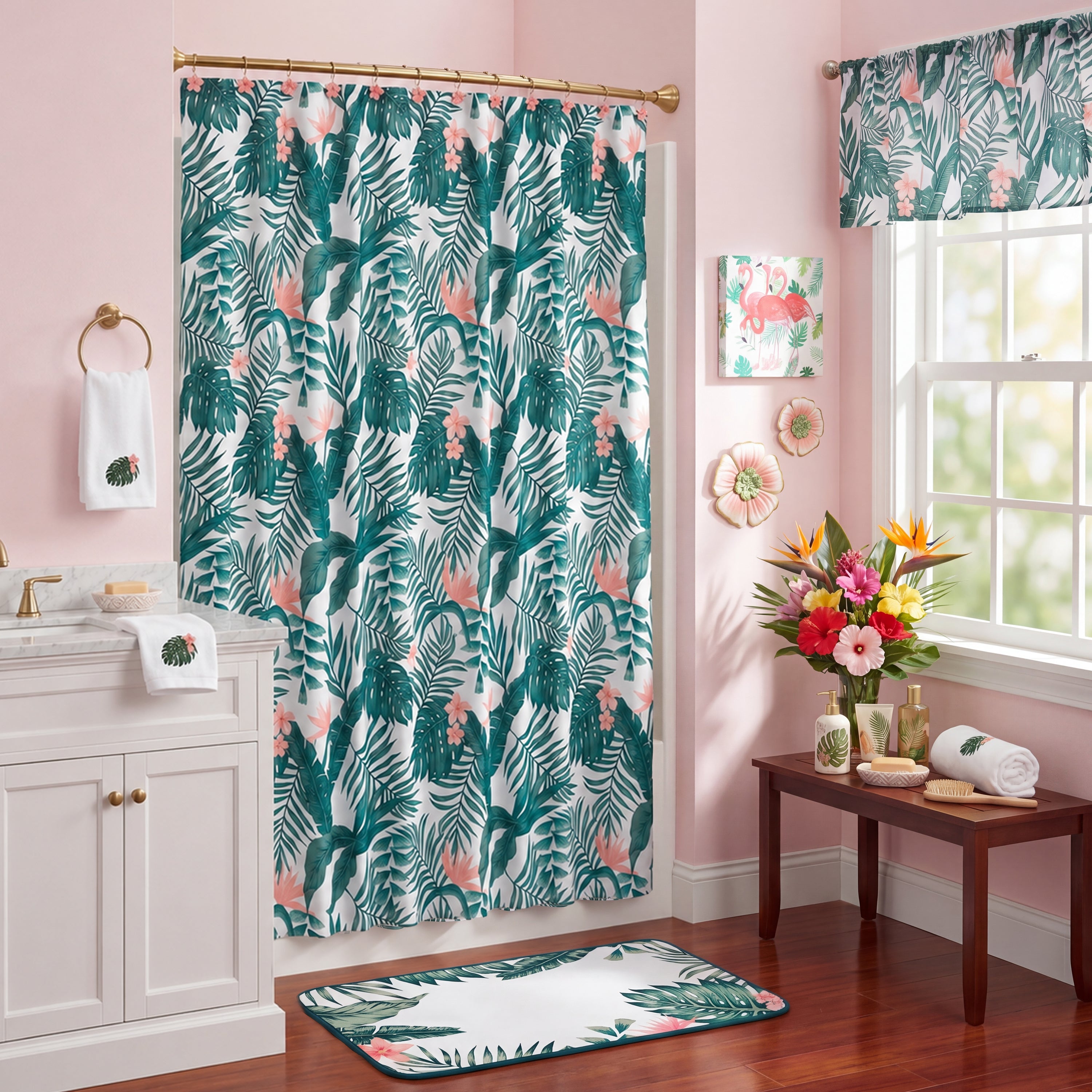 Palm Floral Shower Curtain, Bath Rug, Hand Towels, Valance, or Hooks