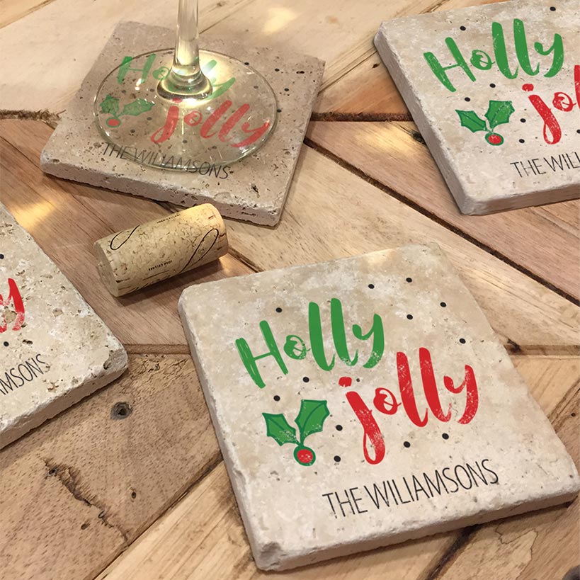 Personalized Christmas Travertine Coaster Set of 4